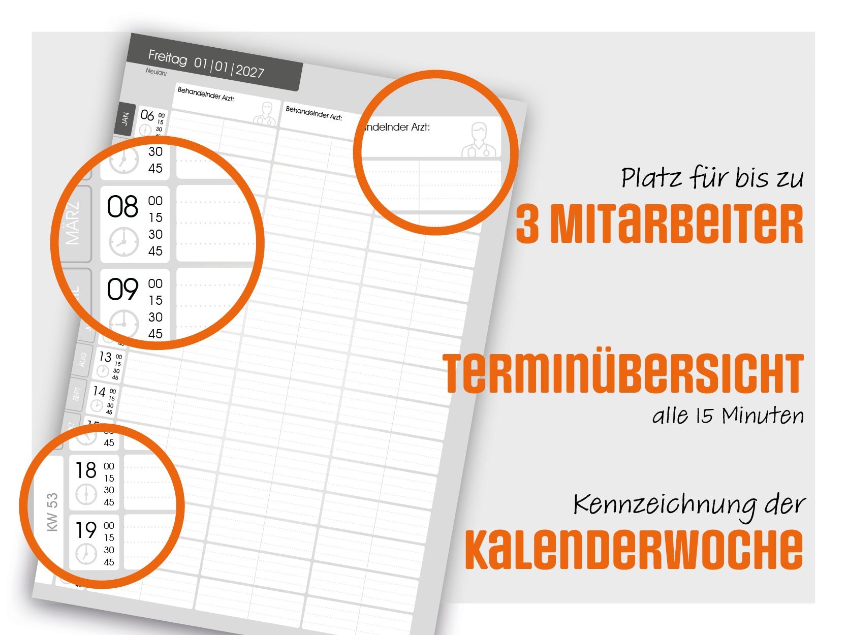 Praxisplaner 2027 – Terminplaner für drei Ärzte und Praxismitarbeiter